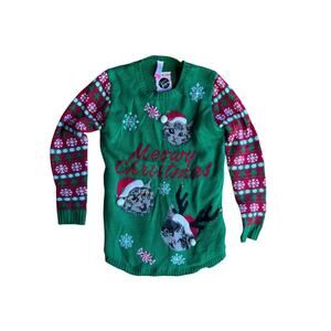 No Boundaries Women's Ugly Christmas light up Cat Sweater Green Large (11-13)